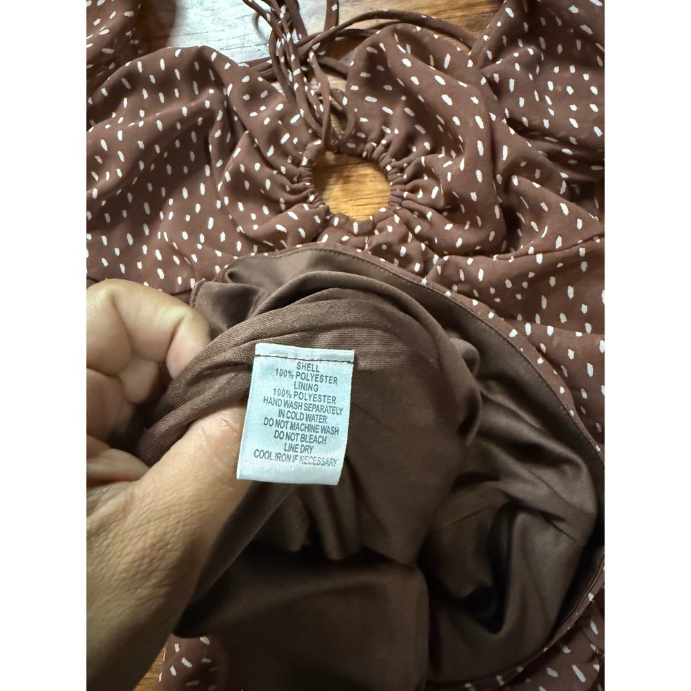 Stella Laguna Beach Brown Dotted Ruched Puff Sleeve Lace Up Mini Dress Medium - Picture 4 of 8